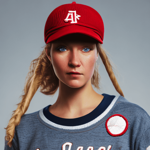 AI generated: Photograph of athletic woman with cap and knitted patch wearing sportswear with embroidered baseball...