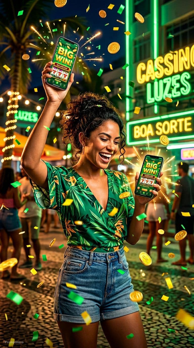 AI generated: Beautiful Brazilian woman celebrating a big win, holding a smartphone showing a casino app, explosio...