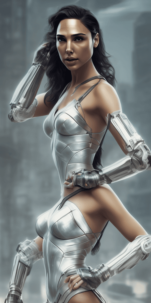 AI generated: (((Gal Gadot))), a woman in a sexy white jumpsuit, posing for a photo, cyberpunk art by Lü Ji, cgsoc...