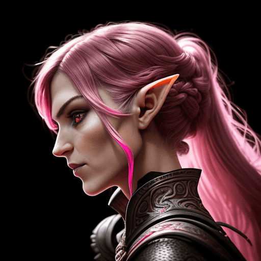 AI generated: photography, portrait of contrast, profile silhouette of a elven warrior woman, vibrant hot pink bac...