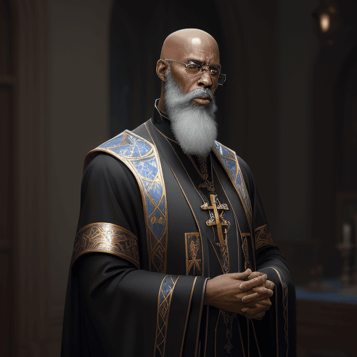 AI generated: 8k an elderly bald african american imperial priest with black and blue vestments a long white beard...