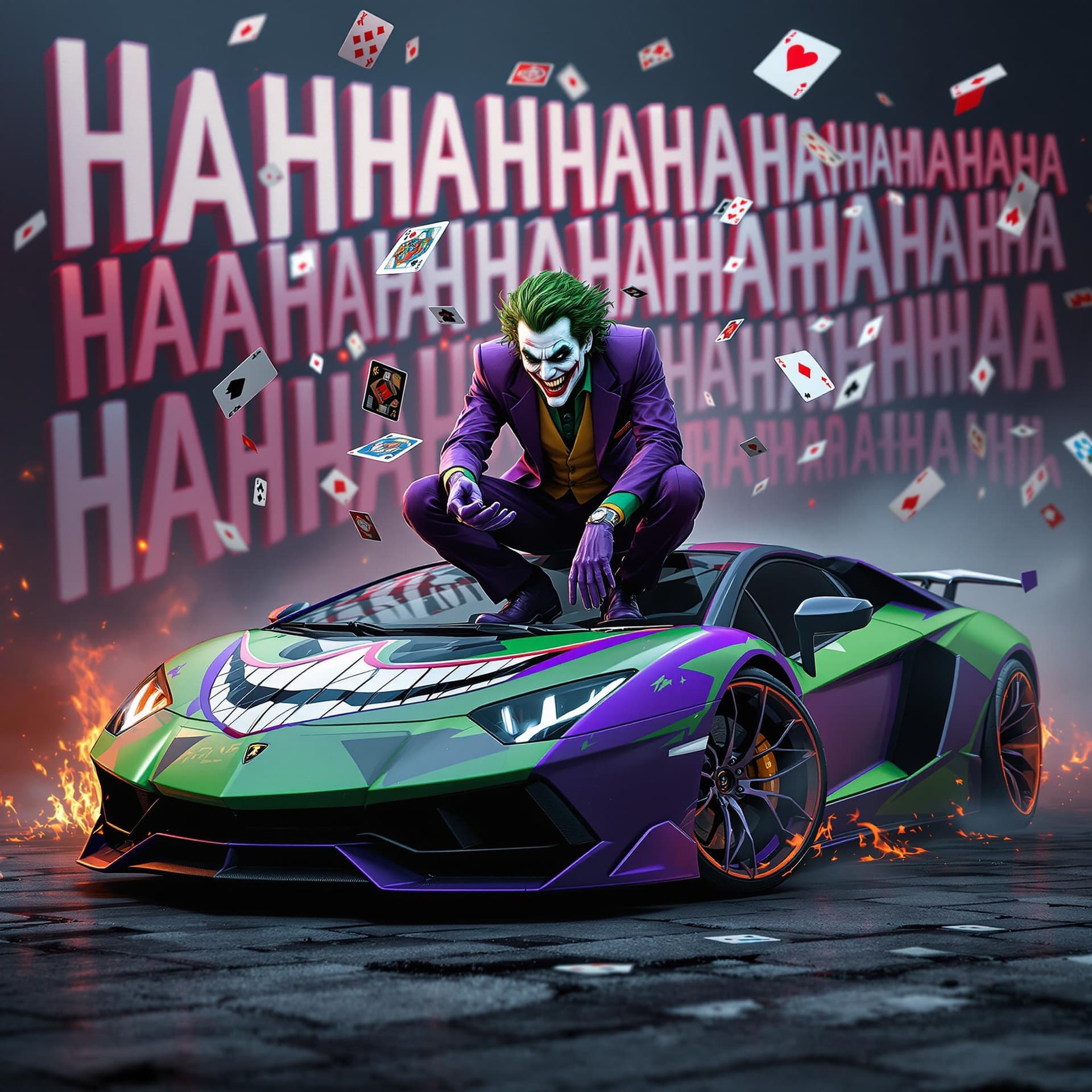 AI generated: the joker is crouched on the hood of a purple and green joker inspired lamborghini that has a painte...