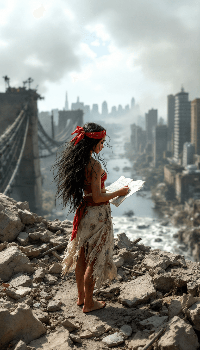 AI generated: Full body view of Moana, 18 years old, long black hair tangled with debris, wearing red bandana, bar...