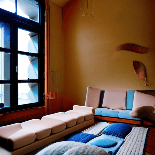 AI generated: High resolution photography interior design, dreamy sunken living room conversation pit, wooden floo...