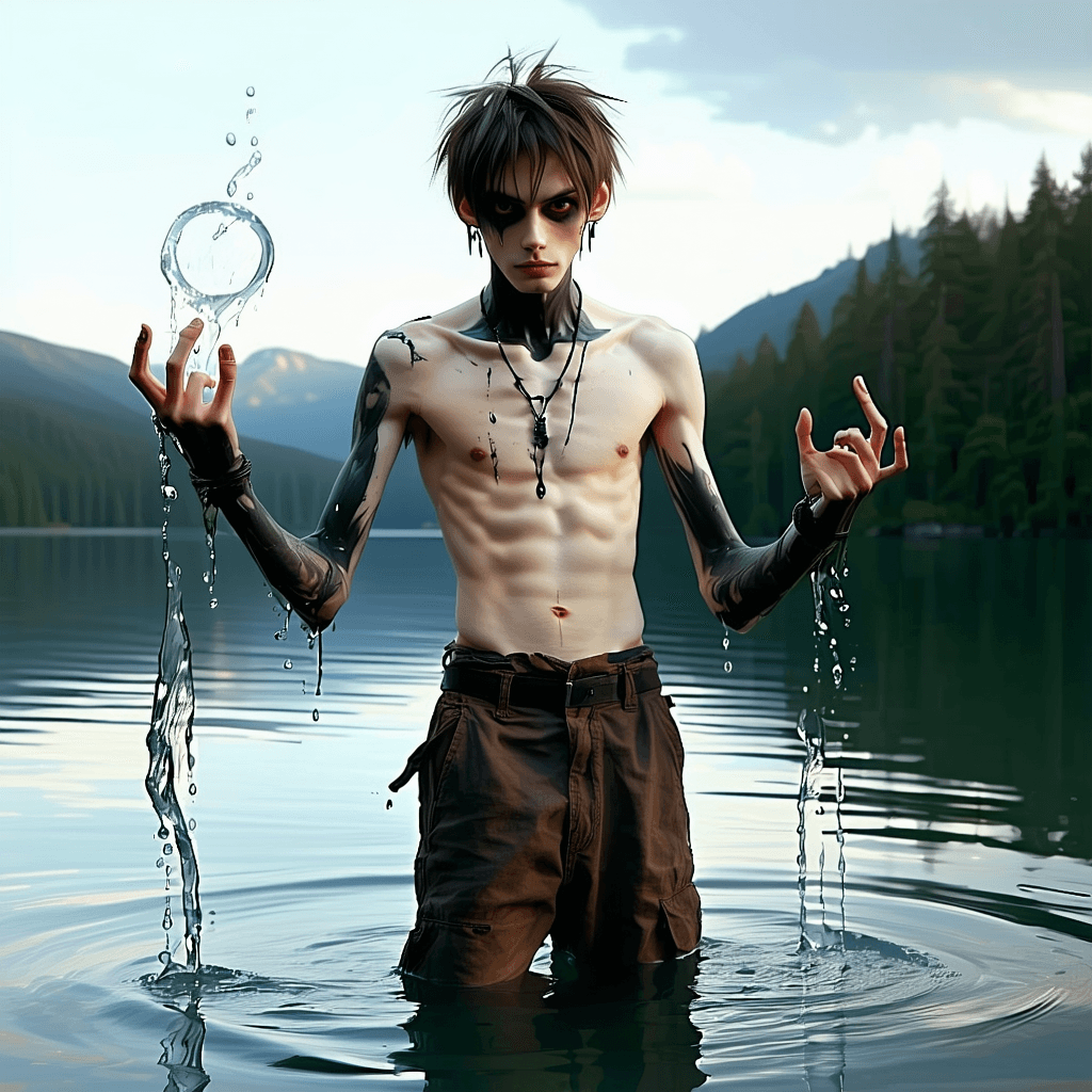AI generated: very skinny goth punk guy, no muscles but wiry, thin, in extra large brown pants, shirtless, shaggy ...