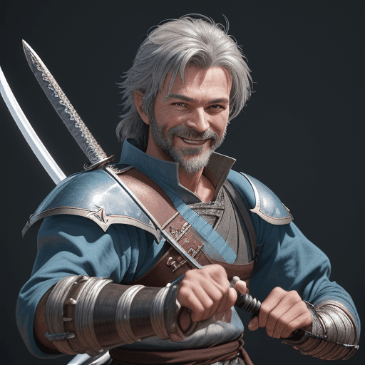 AI generated: character portrait of a grizzled swordsman in the middle of a fight, smiling swashbuckler, wielding ...