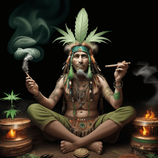 AI generated: High-resolution photograph of a psychedelic scene, indian chief dancing with a cannabis headdress, s...