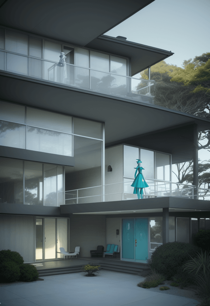 AI generated: Hyper realistic eye level exterior photo of a mid century modern style house overlooking the ocean, ...