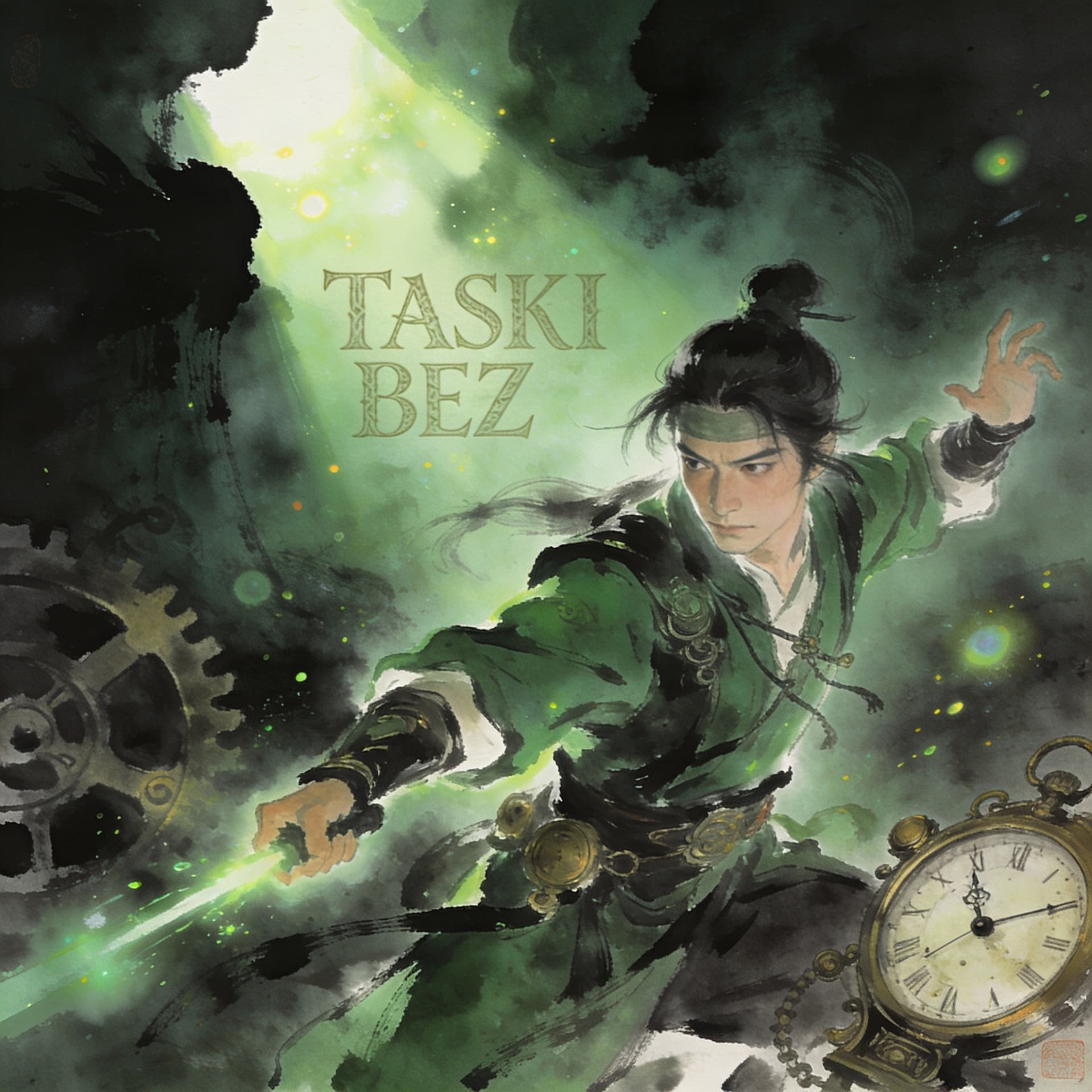 AI generated: "TASKI BEZ" engraved in subtle ancient lettering, dreamy ambient glow breaking through dark mist, 
m...