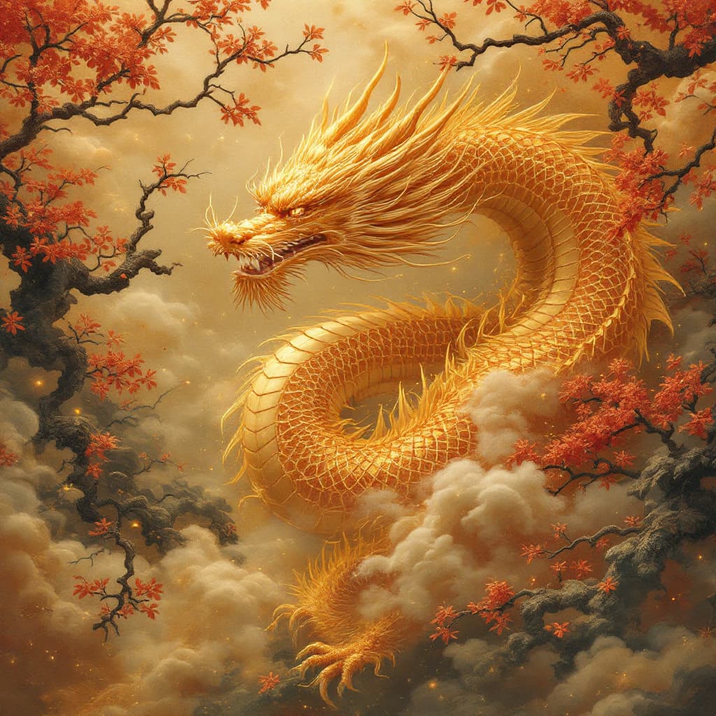 AI generated: A golden dragon is said to be located in the center of the four god (four sacred beasts）in China's F...