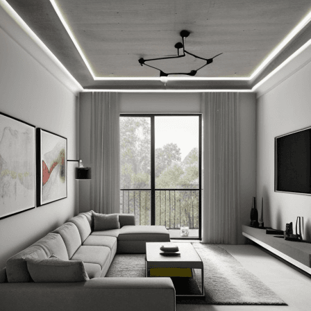 AI generated: Celing concrete colour taupet,modern living room,4k quality,archviz render,the view is behing the co...