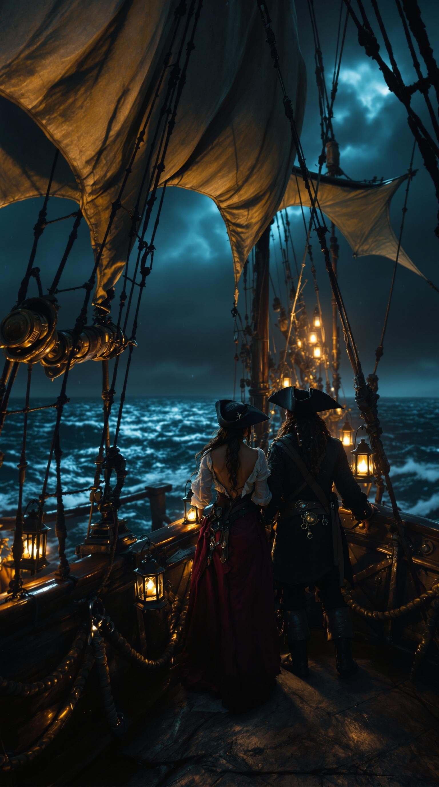 AI generated: A night time shot out on a stormy sea on an elaborate 1800s Spanish sailing treasure ship a couple o...