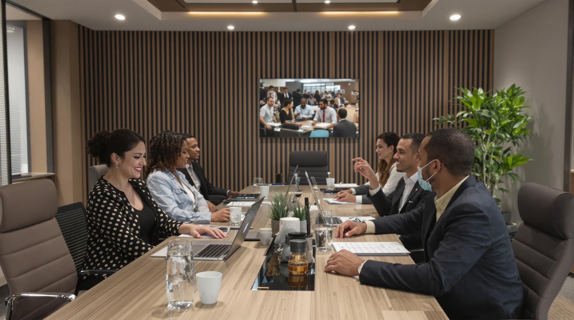 AI generated: /imagine prompt: Modern boardroom with diverse executives, 45-year-old Asian woman (natural smile wi...