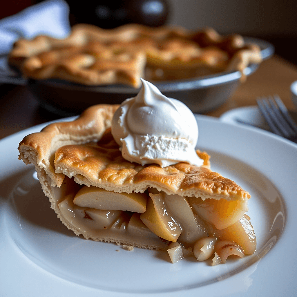 AI generated: Perfectly Baked Pie: A slice of freshly baked apple or peach cobbler, still warm, with a dollop of m...