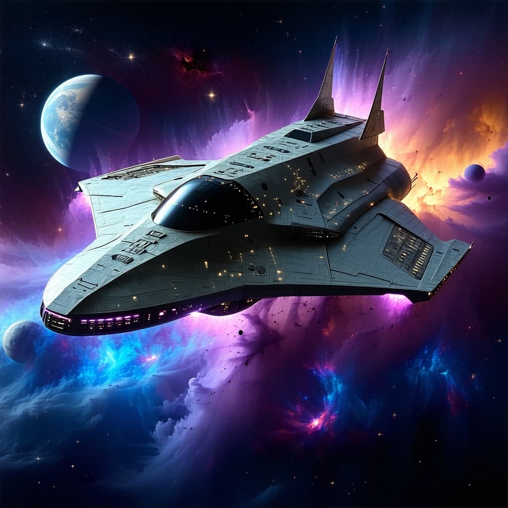 AI generated: Imagine, in detail, an alien spaceship to show a sleek design. Add paint coloring and details. Show ...