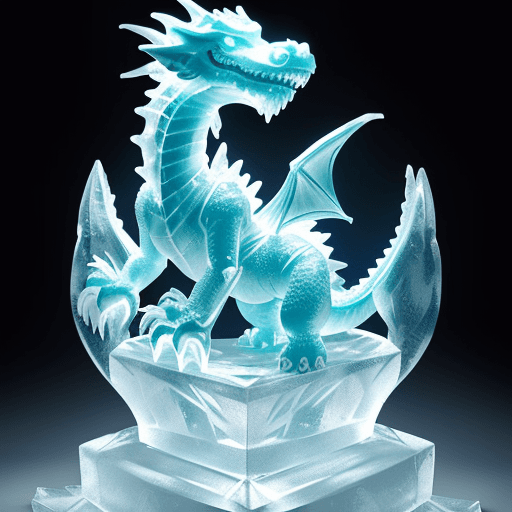 AI generated: An ice sculpture photo of a cute and clearly carved dragon on the front, detailed in ice,