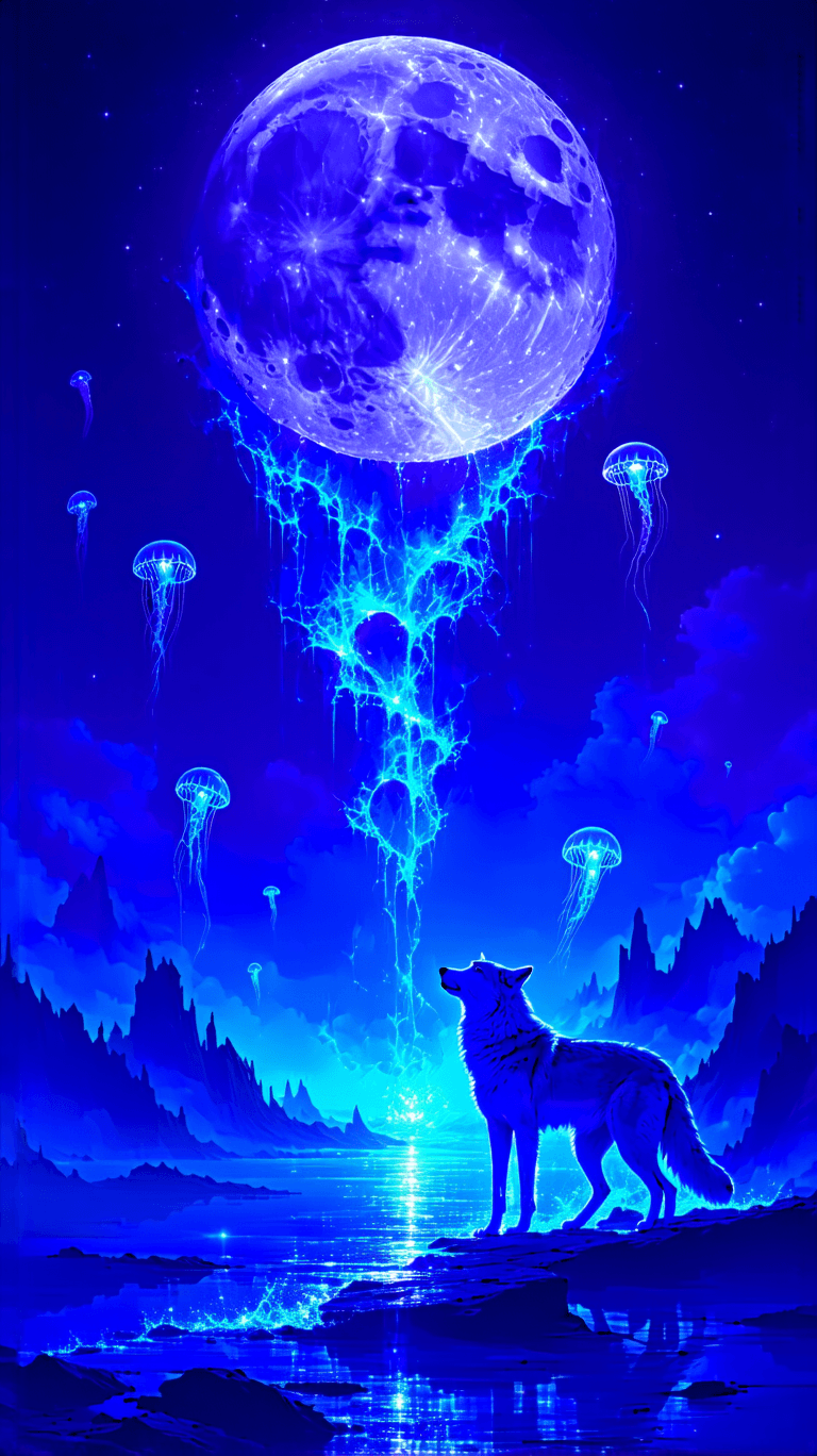AI generated: Two fluid, ethereal wolves howl at a colossal, melting moon, its silver light dripping into the vast...