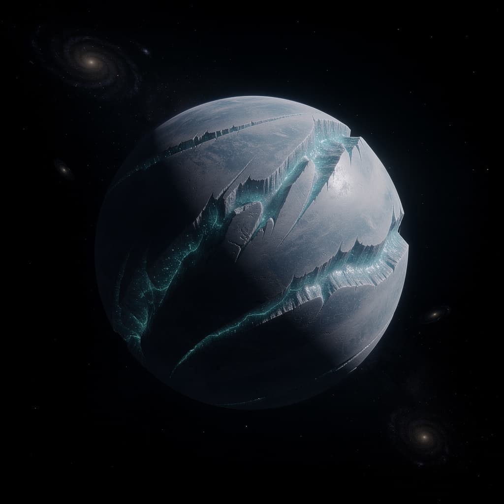 AI generated: Create a Sci-Fi image of a planet. A Rogue Ice World, Planet. Within the Void of Space.

Do not use ...
