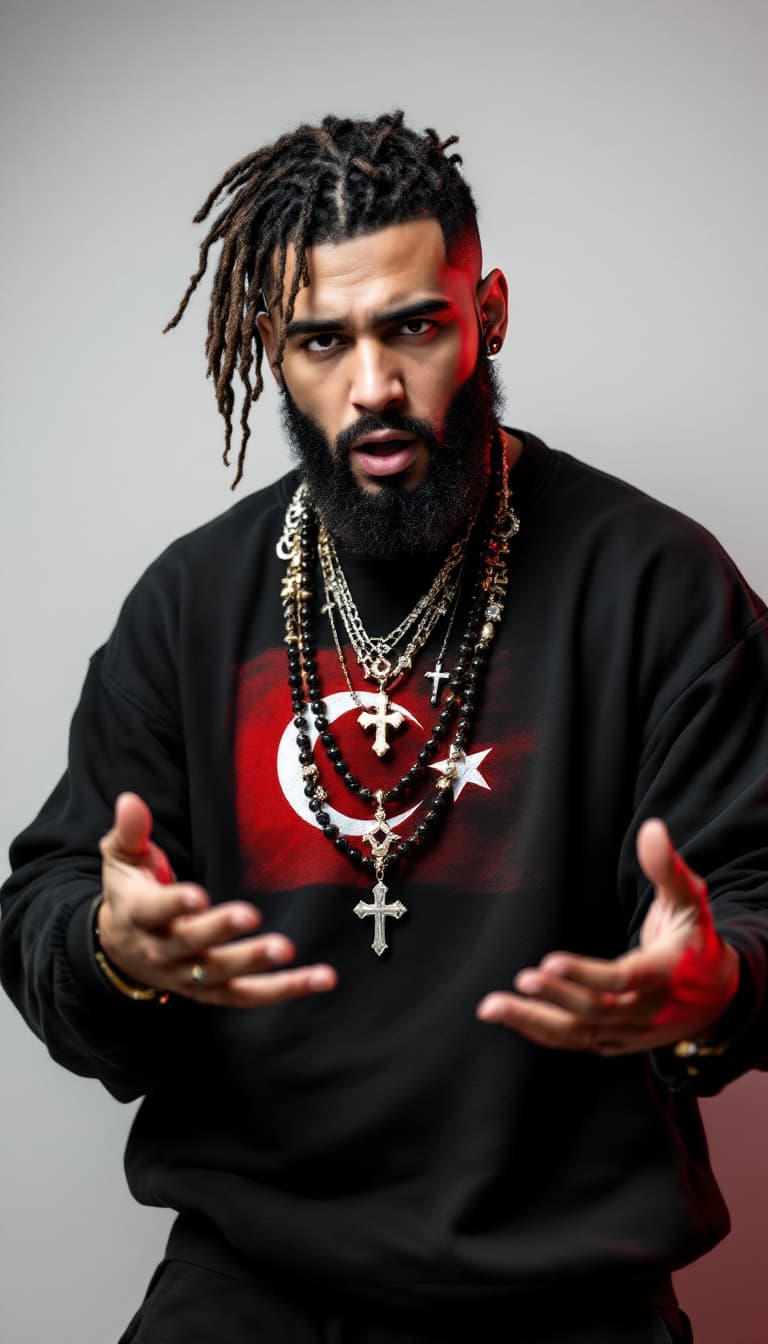 AI generated: A rap artist with rosaries and jewelry around his neck and hands. His legs are not in the frame. He ...