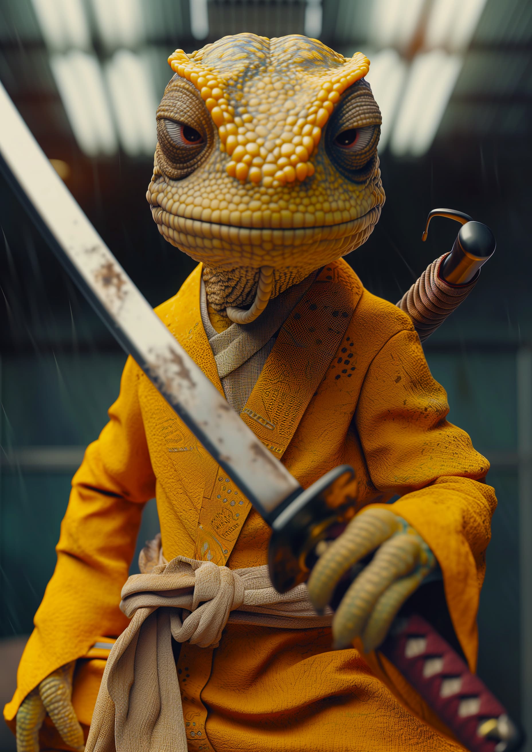 AI generated: chameleon dressed as kill bill movie main character, yellow suit, he handles a katana in his hands, ...