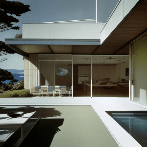 AI generated: Hyper realistic eye level exterior photo of a mid century modern style house overlooking the ocean, ...