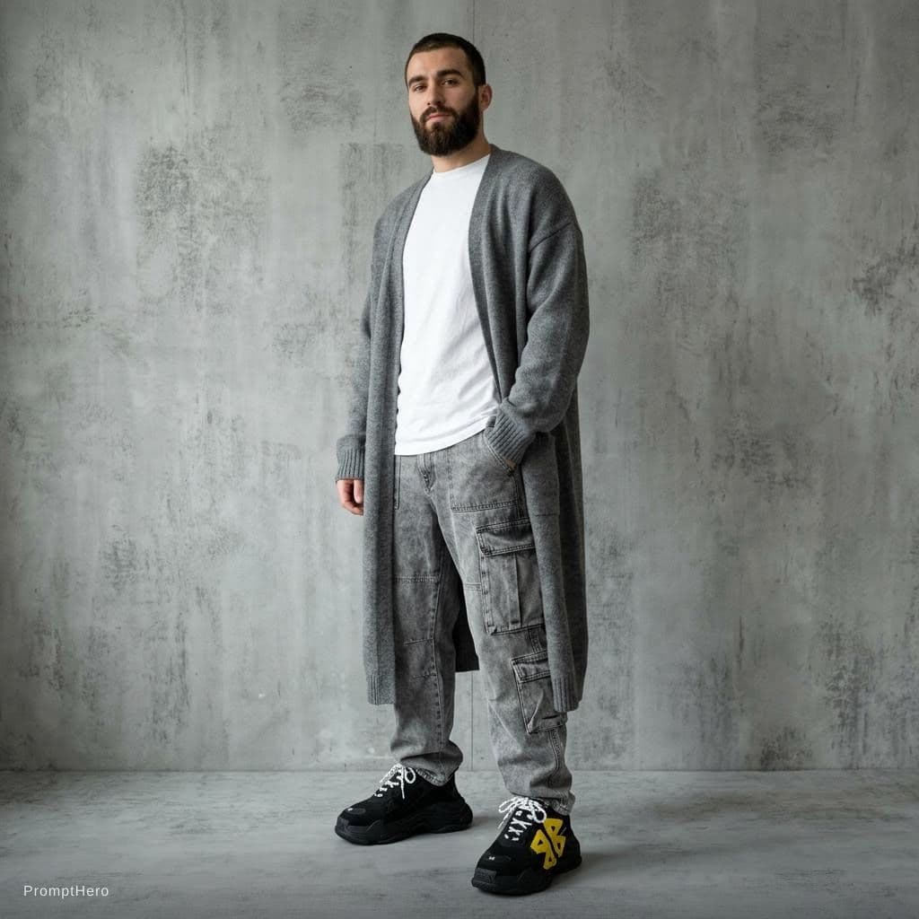 AI generated: capturing a model, silver and white color, man wearing an long loose cardigan, matte grey, washing c...