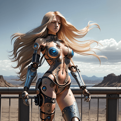 AI generated: A breathtakingly beautiful, long-haired cyborg hippie woman, her blond hair flowing effortlessly in ...