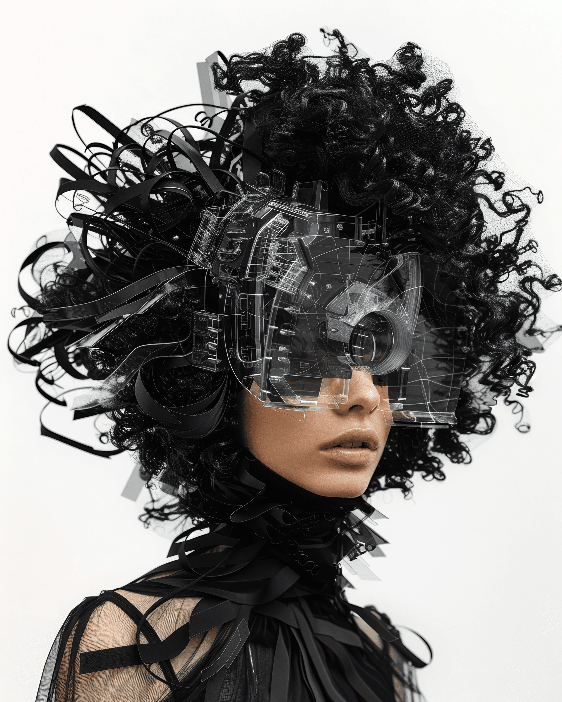 AI generated: A woman with black hair and an eye patch made of transparent plastic, robotic head piece, black ribb...