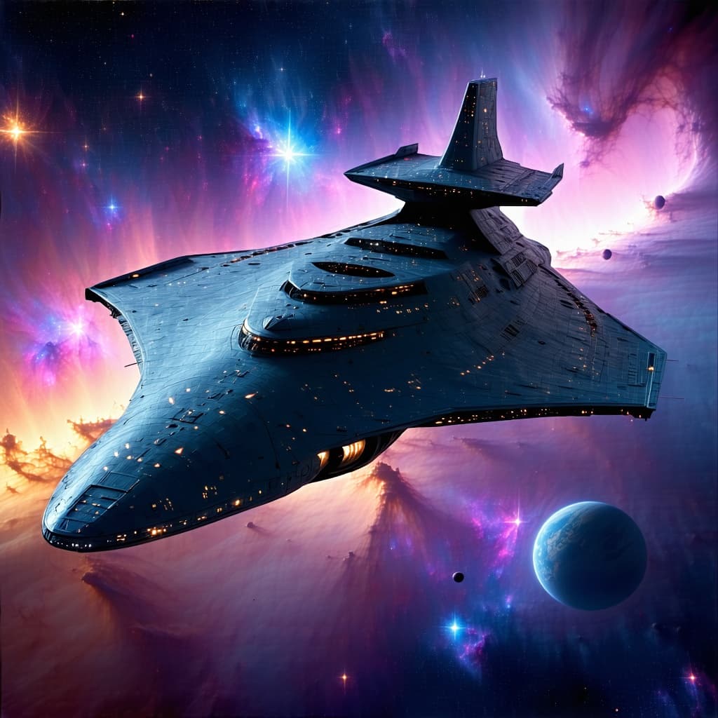 AI generated: Imagine, in detail, a massive Fleetcarrier alien spaceship to show a sleek design. Add paint colorin...