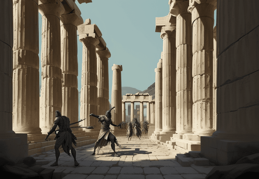 AI generated: battle of salamis of the figures of four people in an ancient greece scenery, high contrast, concept...