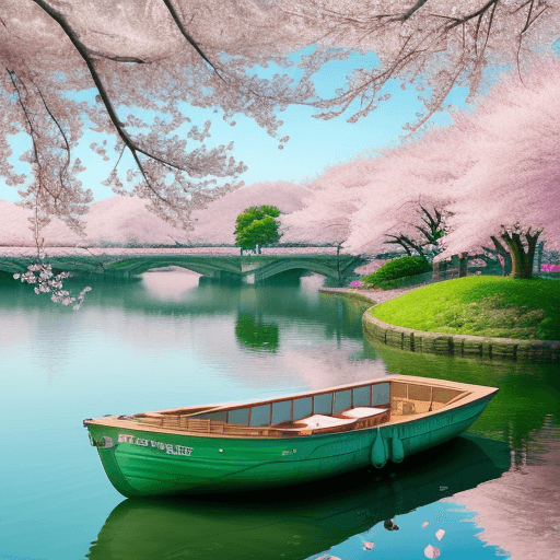 AI generated: a boat in the middle of the cherry blossoms, in the style of lush scenery, fairycore, cute and dream...