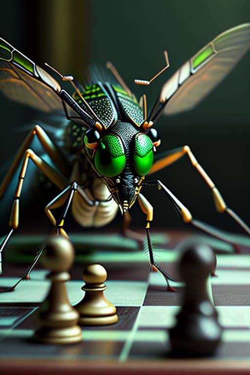 AI generated: (MOSQUITO:1.2) (ON THE TABLE PLAYING CHESS:1.1), big green eyes, lots of details, portrait, finely d...