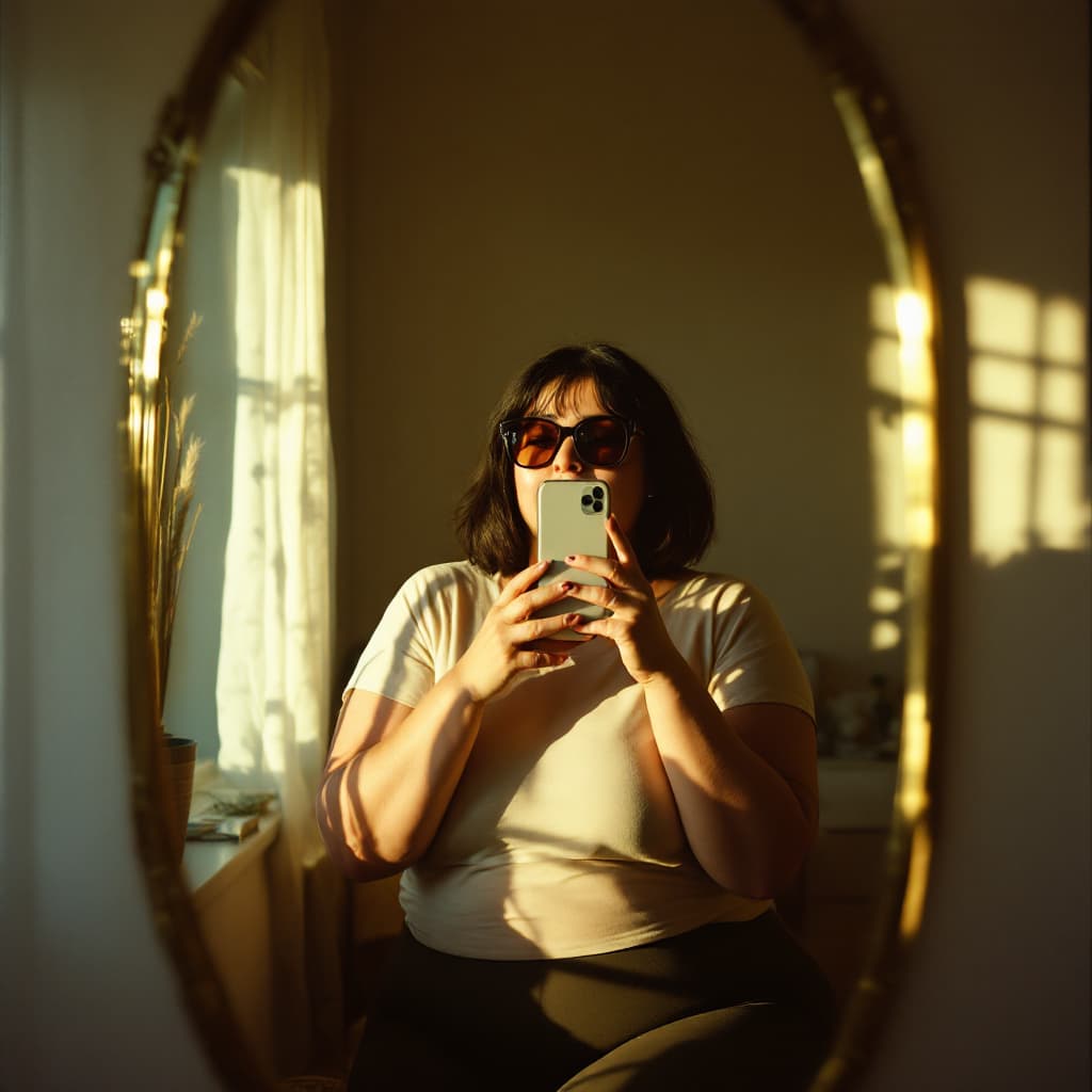 AI generated: hyper-realistic photo, plus size, round face  woman, sun glasses, photo on iphone 14 in mirror, shor...