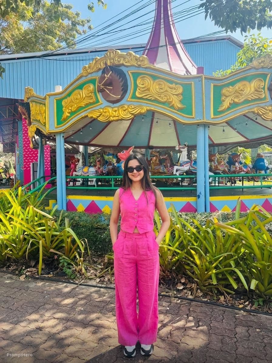 AI generated: Don't change face .. change dress to pink top and forbidden pant