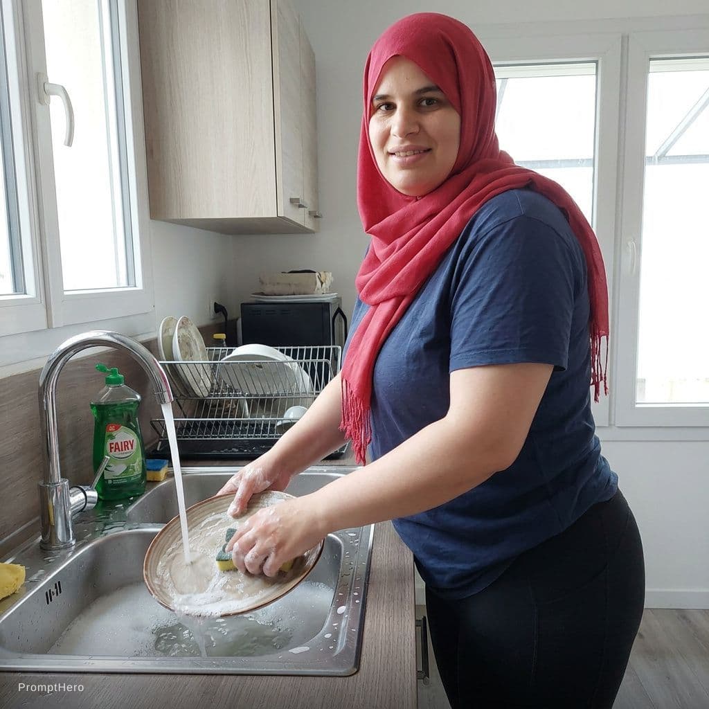 AI generated: She's wearing tight leggings and washing dishes in the kitchen.