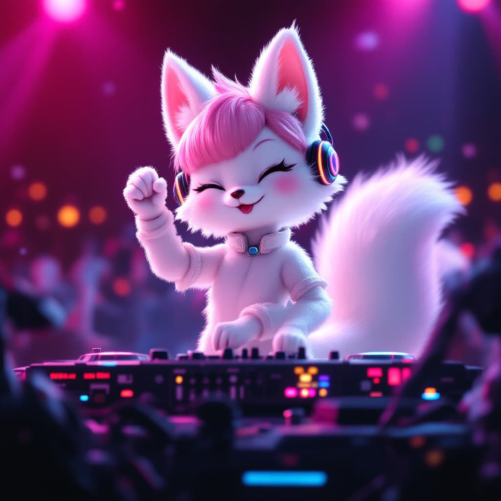 AI generated: No People in the background, white fox, thick tail, cat ears, 20s, DJing, machines are friends, wear...