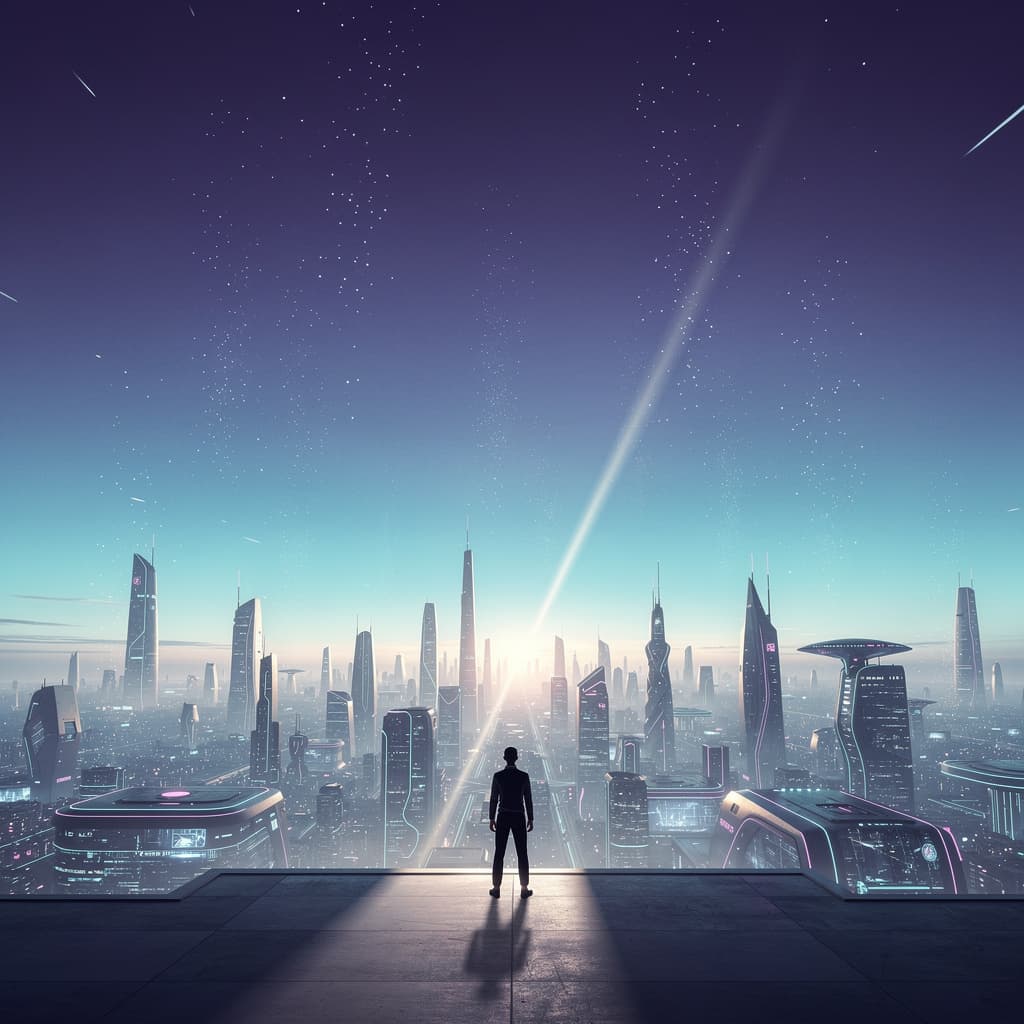 AI generated: figure seen from behind standing on elevated platform looking at vast 
futuristic cityscape at dawn,...