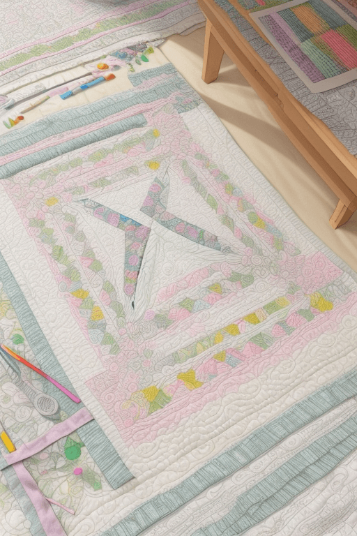 AI generated: coloring page lineal art tranquil setting where a quilt is being made, with a table surrounded by fa...