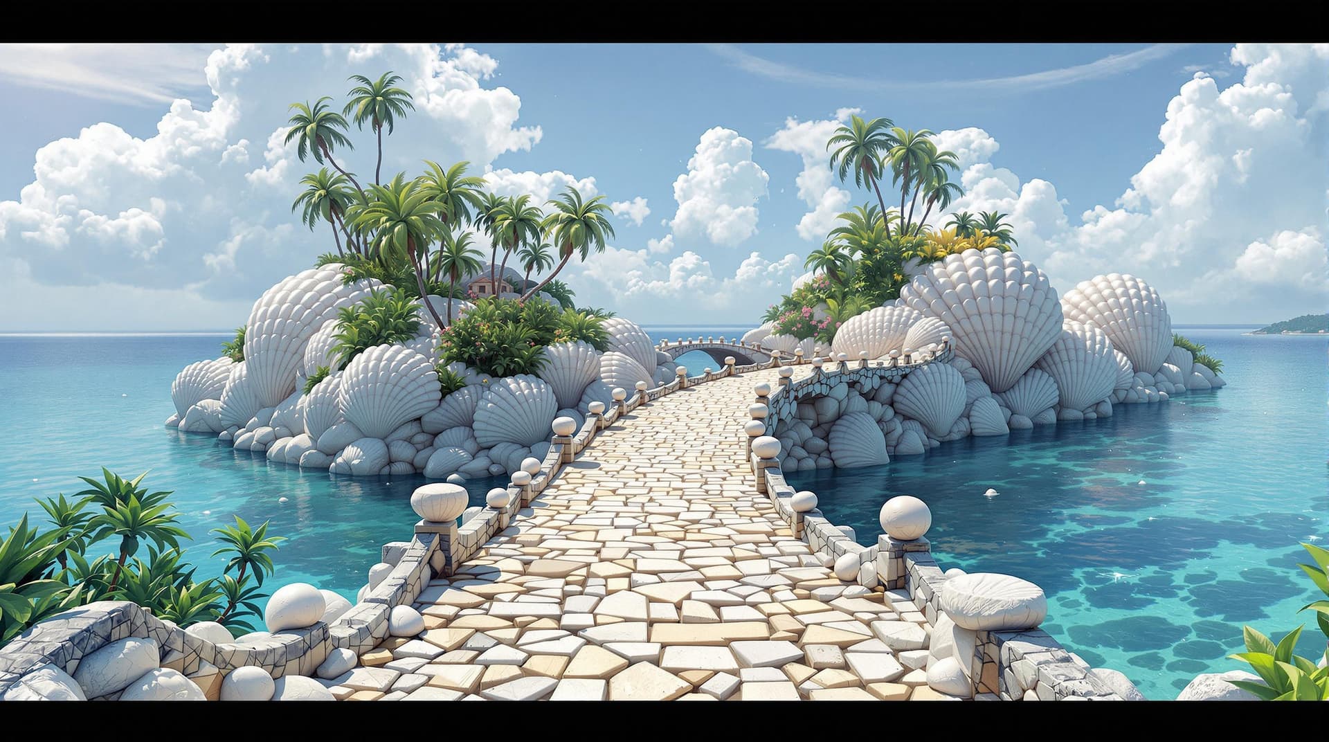 AI generated:  a fictional bridge,made of giant seashells and pearl leading to a paradise island