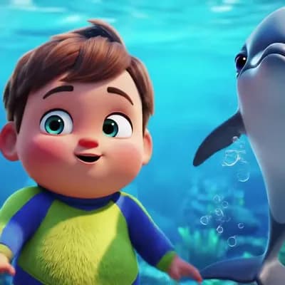 AI generated video: A chubby little boy dancing underwater with a playful dolphin. The boy has big expressive eyes, soft...