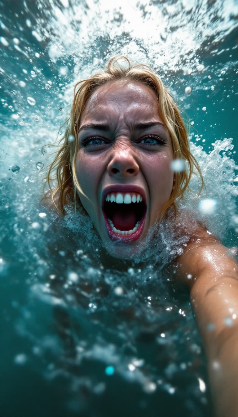 AI generated: A candid closeup selfie angle gopro photo of a gorgeous blonde young screaming women, she is swimmin...