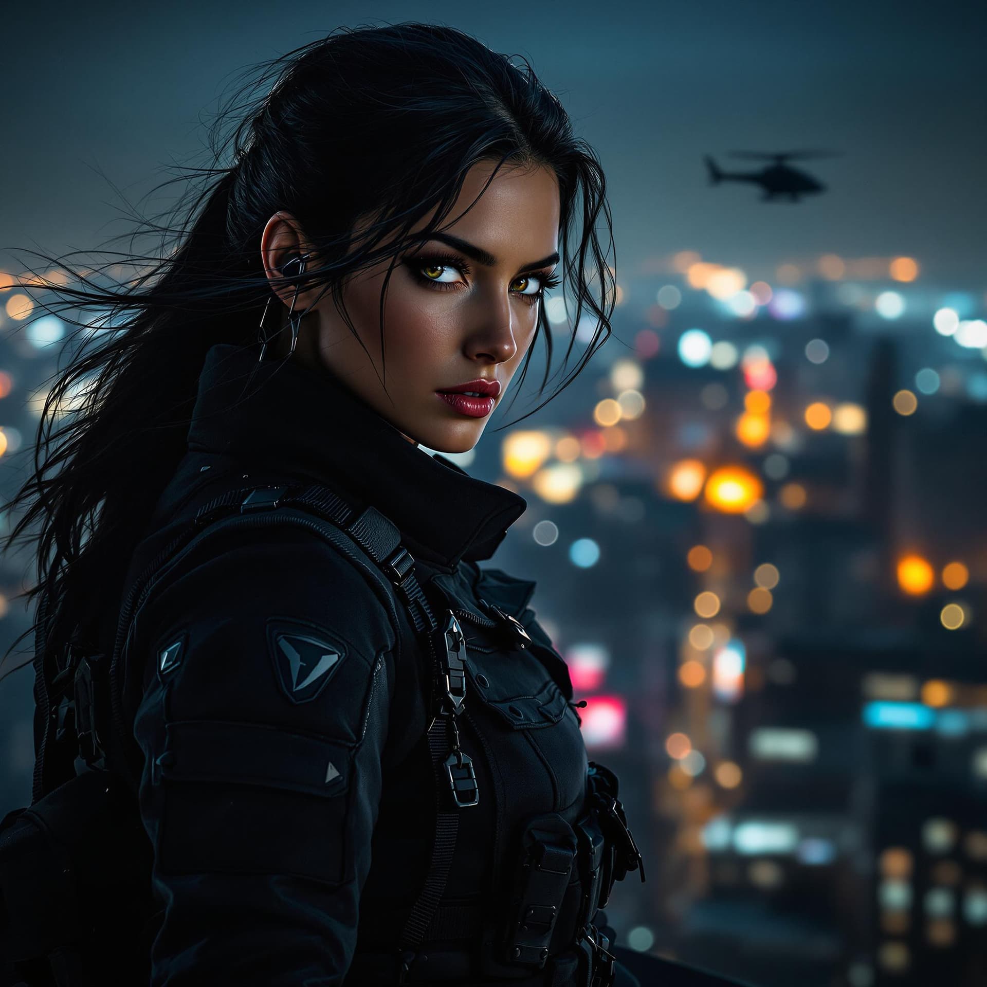 AI generated: A hyper-realistic Italian woman in her late 20s standing at the edge of a rooftop at night, overlook...
