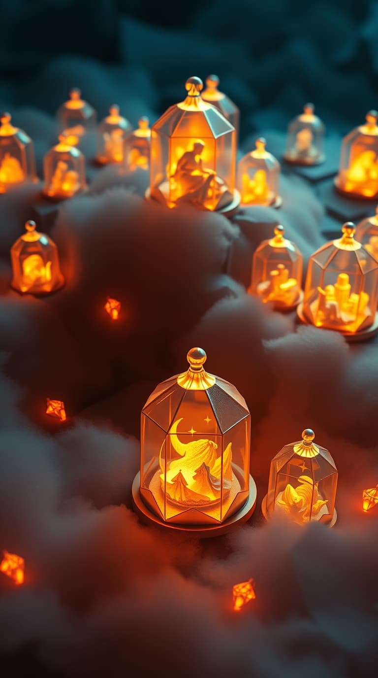 AI generated: A 9:16 vertical composition in vivid electric colors, intricate origami style. Numerous glowing, sem...