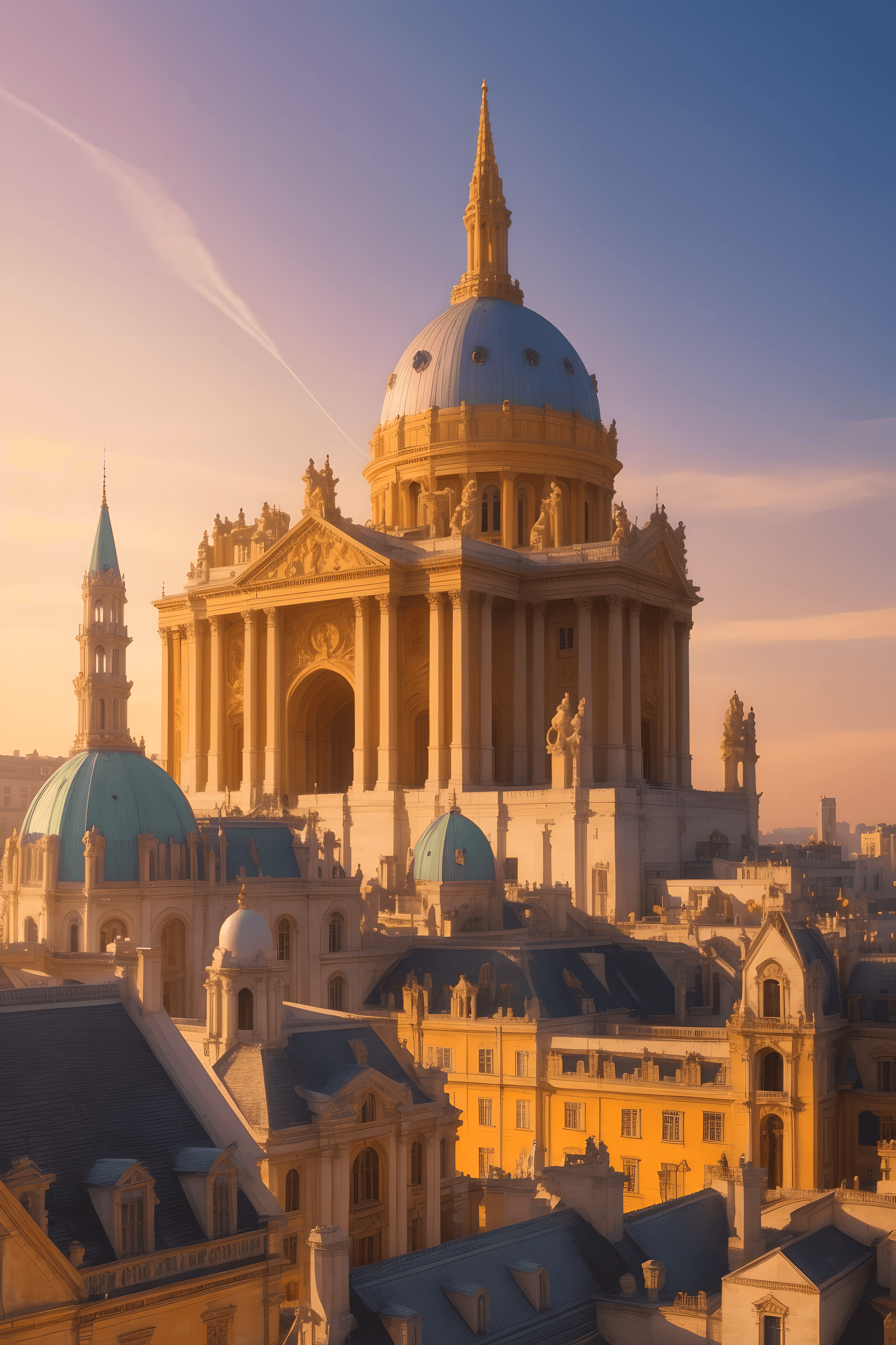 AI generated: Stunning fantasy city of scientists and magicians with white marble houses and oaks growing on the s...