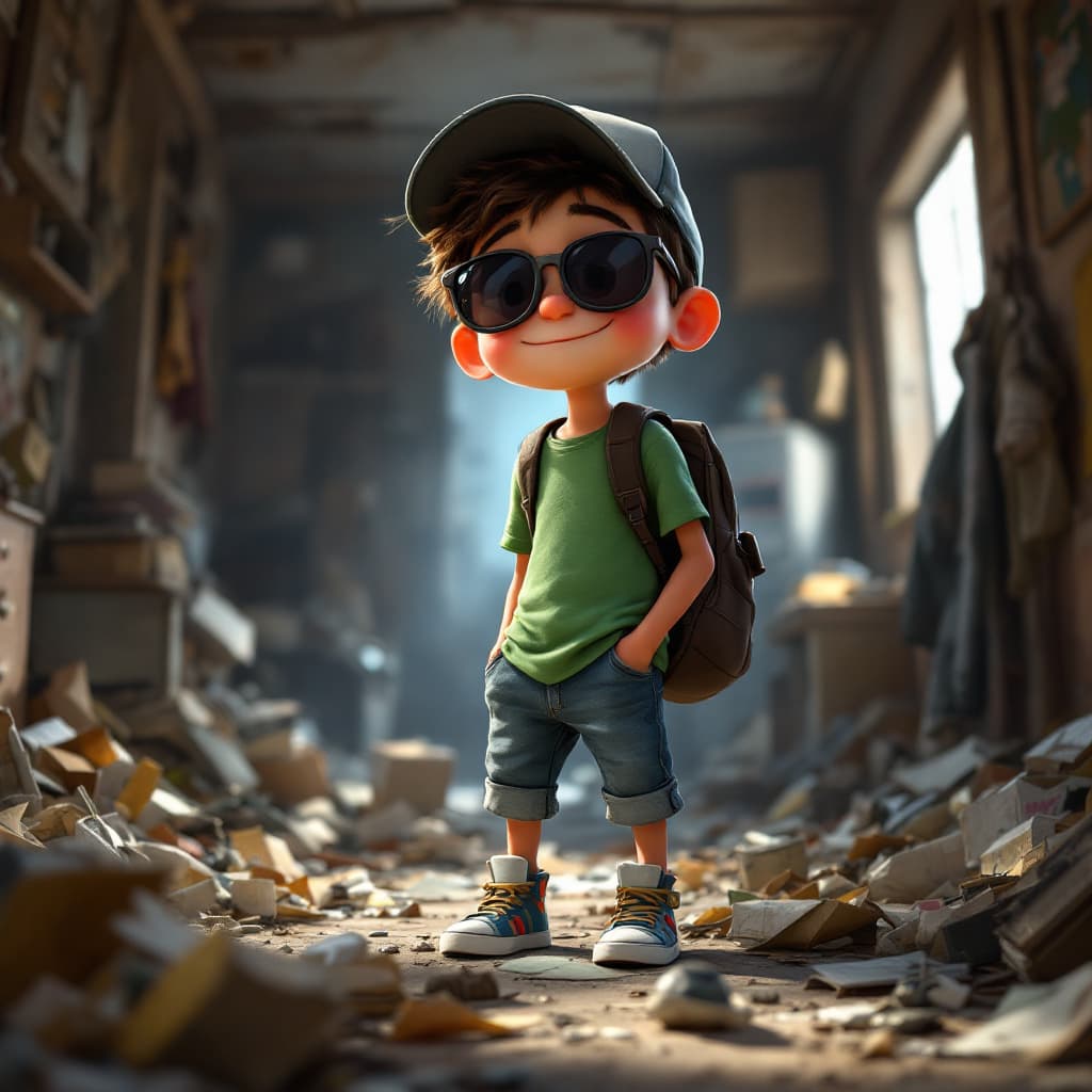 AI generated: A Pixar-style animated portrait of a young, quirky boy wearing a cap, sunglasses, a green t-shirt, j...