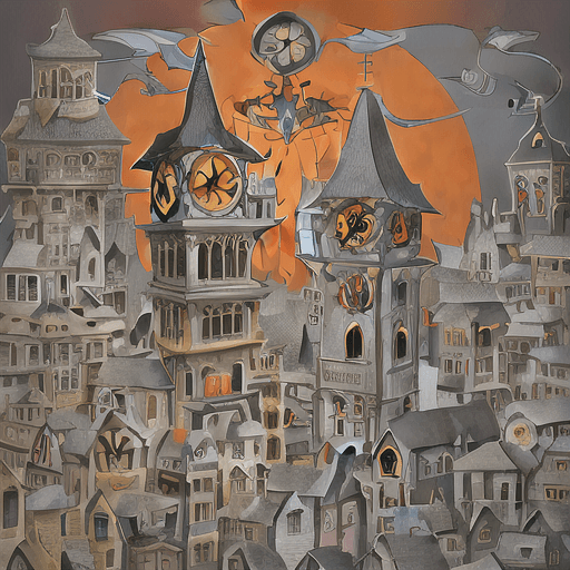 AI generated: a painting of a town with a clock tower and a street, mc escher and ronny khalil, dark grey and oran...