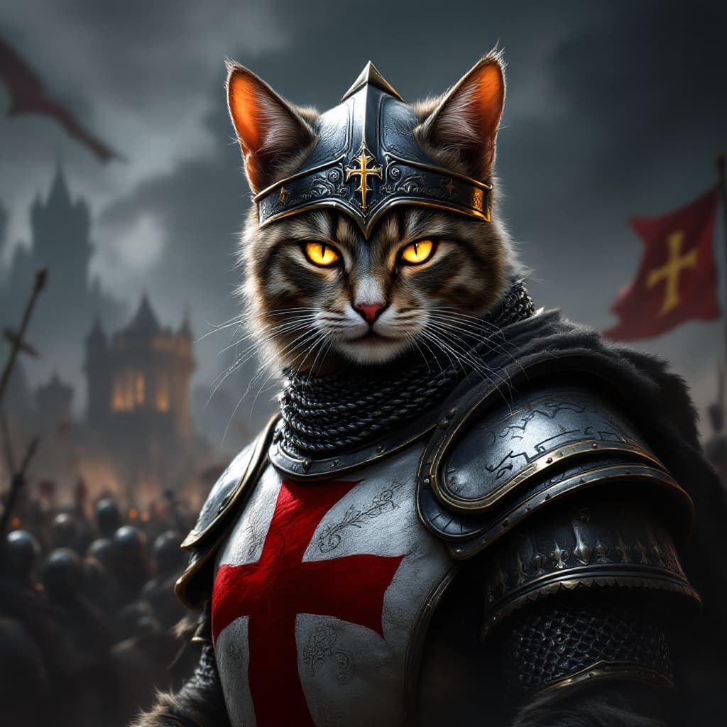 AI generated: cat digital illustration of a Crusader, captured in a commanding and intense pose, staring directly ...