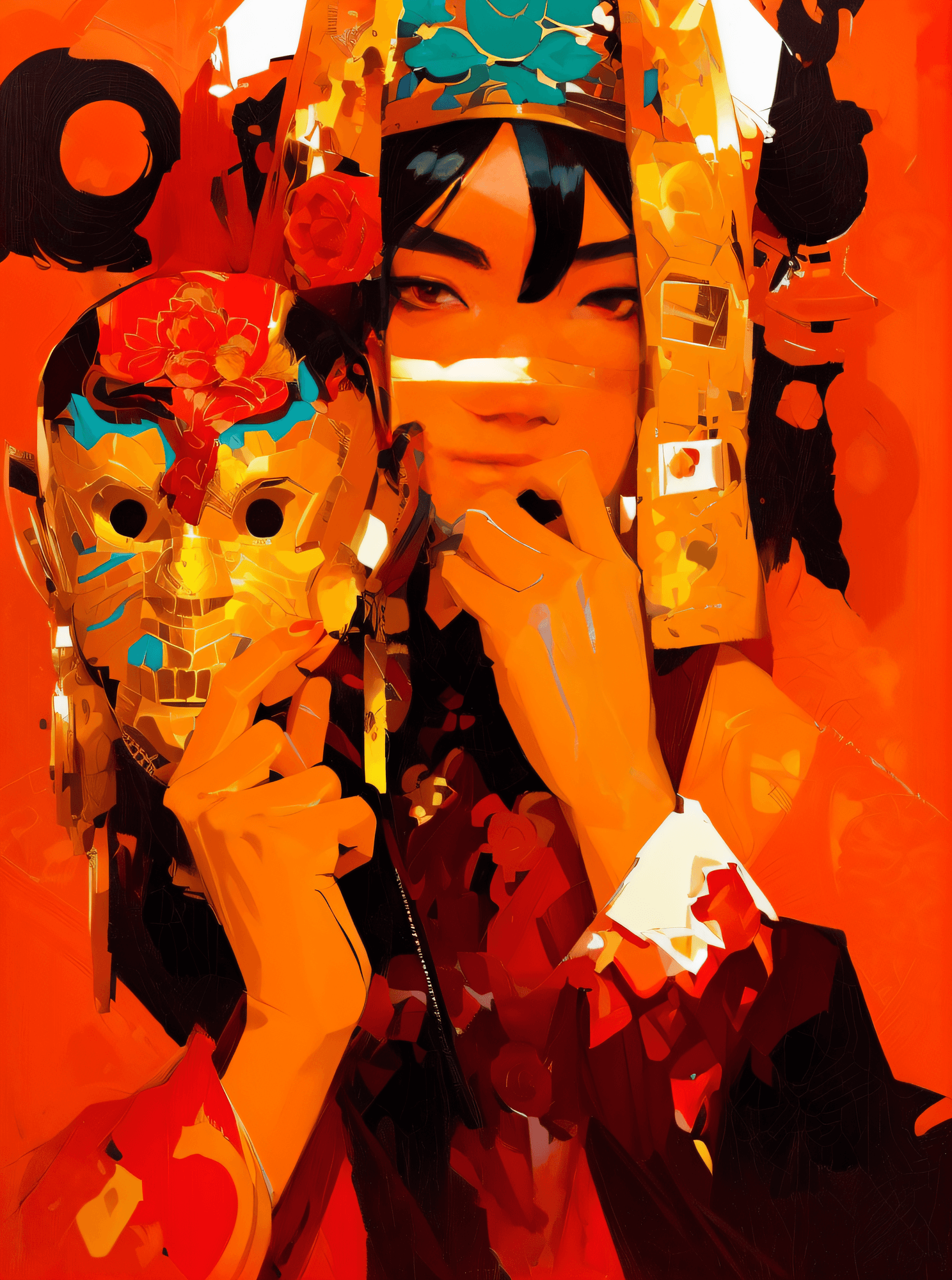 AI generated: painting of a woman in a red and black dress holding a mask, jc leyendecker and sachin teng, sachin ...