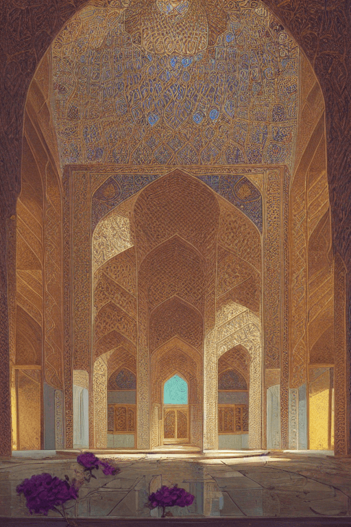 AI generated: Persian architecture, Temple volume atrium light full of rose, vibrant flowers, architecture in Isfa...