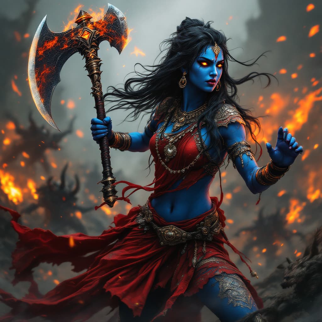 AI generated: Kali is shown with her with full  muscular body blue in color. She is wearning ornaments, red sari i...